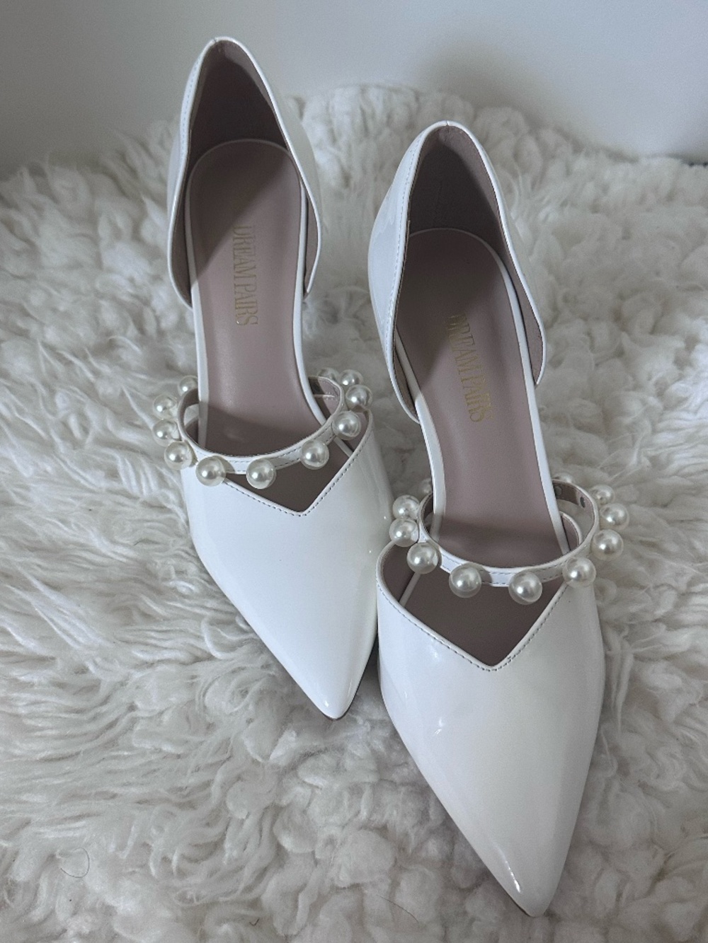 White Patent Pearl Strap Heels